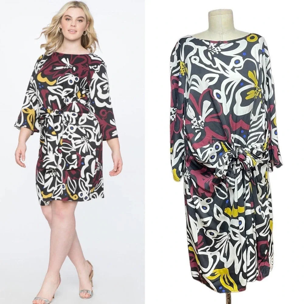 Eloquii Tie Front Kimono Sleeve Dress Black Burgundy Floral Plus Size 16